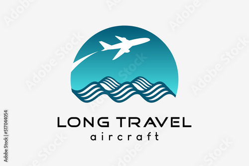 Airplane logo design, tourism business travel vector illustration. Airplane icon with ocean icon or ocean waves in creative concept