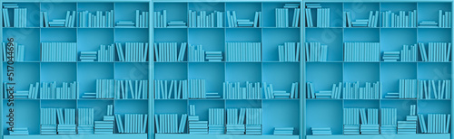 Different size and monochrome books on blue bookshelf. Studying, education, and e-learning concepts. Education day, success concept. 3d Rendering illustration.