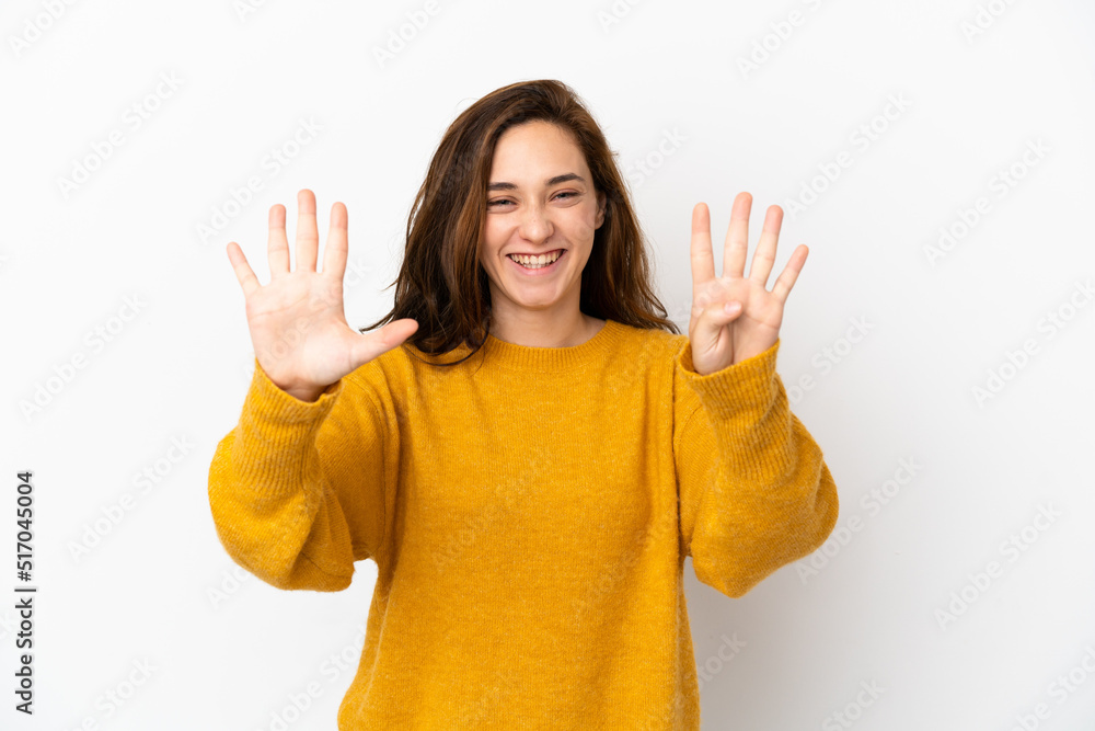 Young caucasian woman isolated on white background counting nine with fingers Young caucasian woman isolated on white background counting nine with fingers