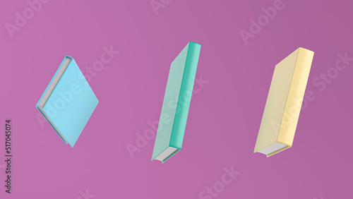 Yellow and blue books. On pink background. Written or printed work consisting of pages glued or sewn together. Useful information. 3d rendering illustration.