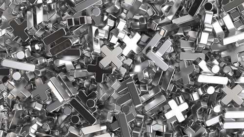 Sign of addition, subtraction, multiplication and division on texture background. Grey metal signs. Education or school concept. 3d rendering illustration.