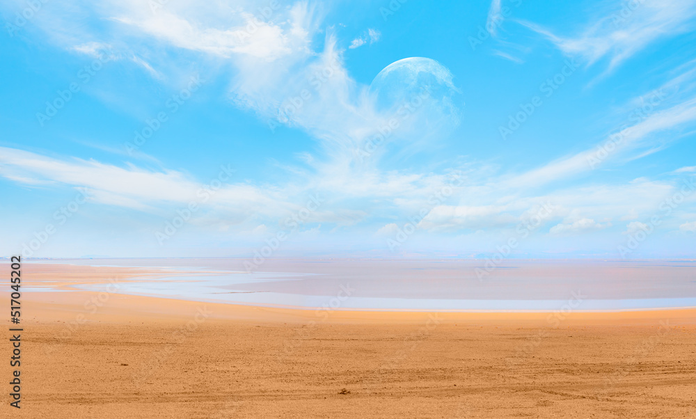 Panoramic view of desert plains in Namibia Africa with hills and mountains in the background - Full moon on the mountains Panoramic view of desert plains in Namibia Africa with hills and mountains in the background - Full moon on the mountains