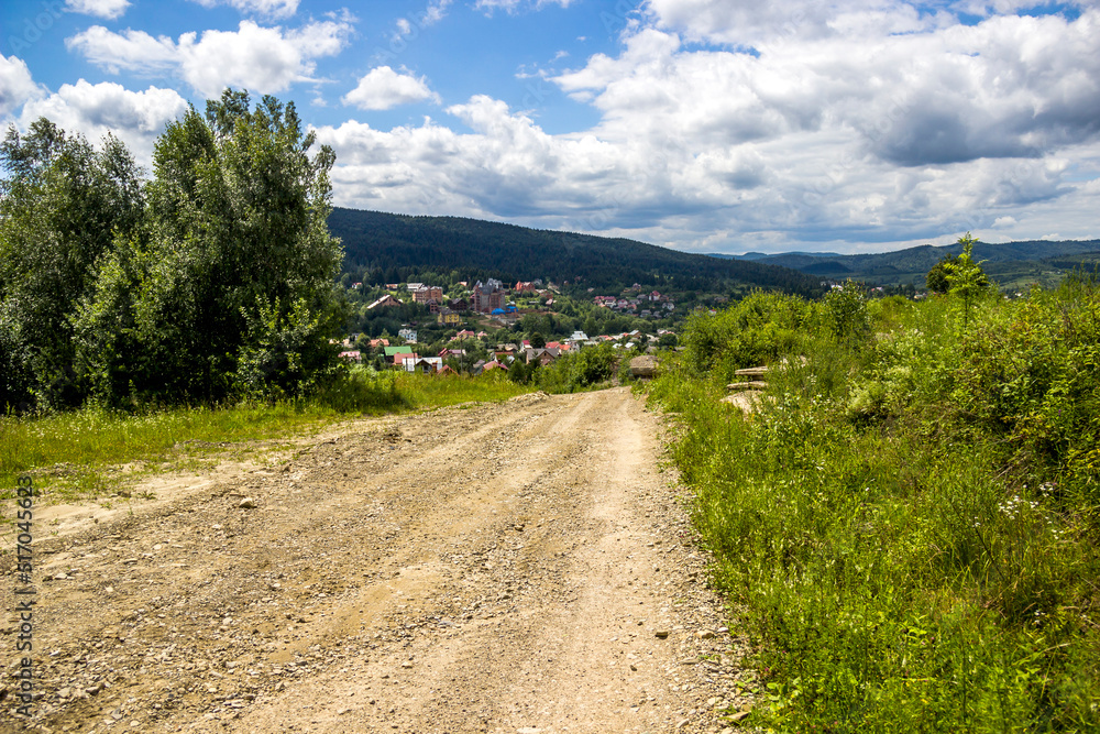 a rural road in the Carpathian village, Skole Beskids National Nature Park, Ukraine