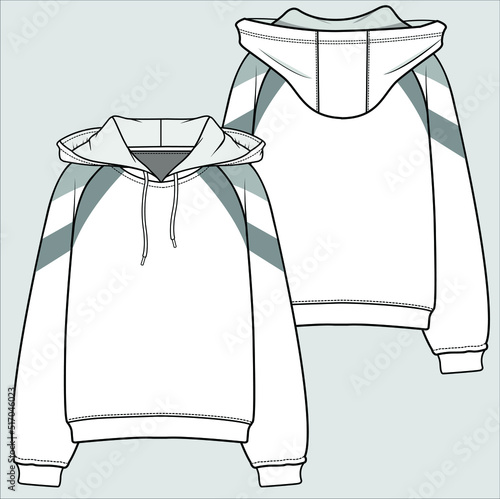 CUT AND SEW PANEL RAGLAN SLEEVES HOODED SWEAT TOP FOR WOMEN AND TEEN GIRLS IN EDITABLE VECTOR FILE