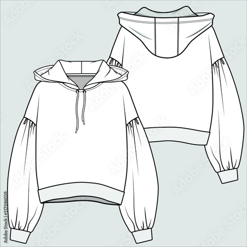 DROP SHOULDER BALOON SLEEVES HOODED CROP SWEAT TOP FOR WOMEN AND TEEN GIRLS IN EDITABLE VECTOR FILE