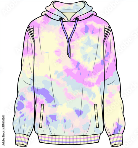 TIE DYE HOODED SWEAT TOP WITH RIB FOR UNISEX IN EDITABLE VECTOR FILE