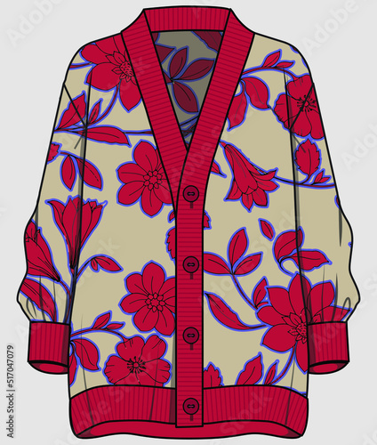 VINTAGE FLORAL FLEECE CARDIGAN OR SWEATER FOR WOMEN AND TEEN GIRLS IN EDITABLE VECTOR FILE
