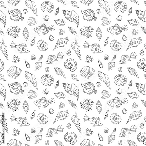 Seamless vector pattern with sketch of sea fish  and seashells. Sea seamless vector pattern. Decoration print for wrapping  wallpaper  fabric. 