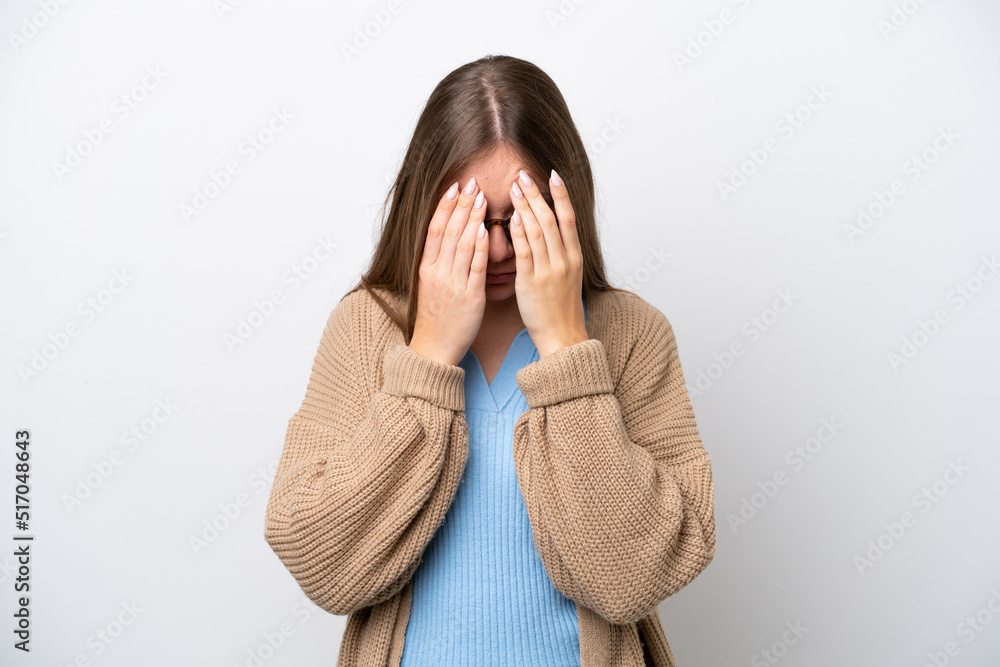 Young Lithuanian woman isolated on white background with tired and sick expression Young Lithuanian woman isolated on white background with tired and sick expression
