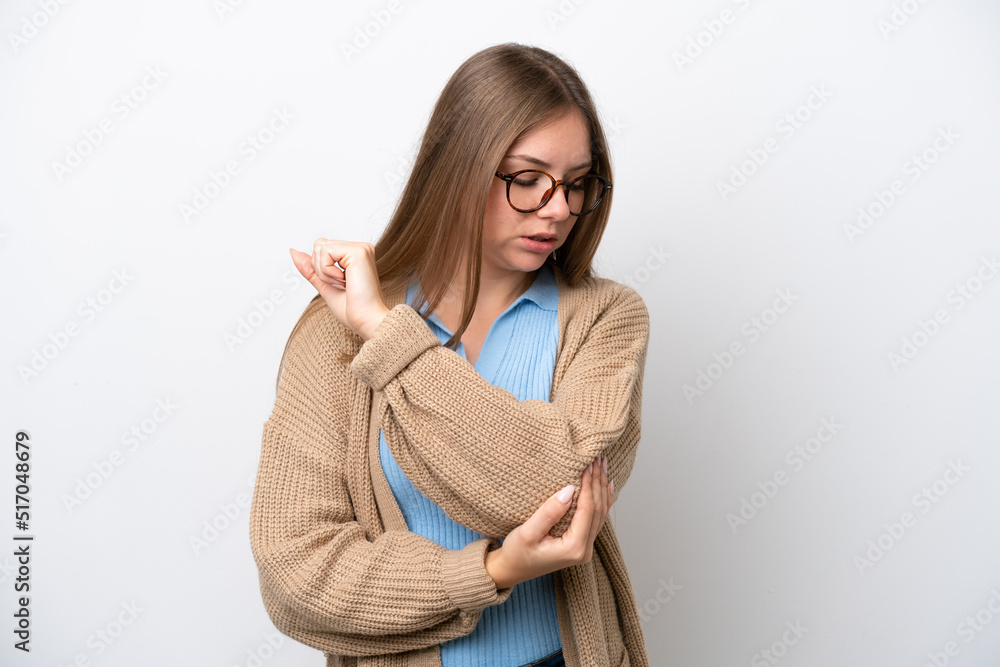 Obraz premium Young Lithuanian woman isolated on white background with pain in elbow