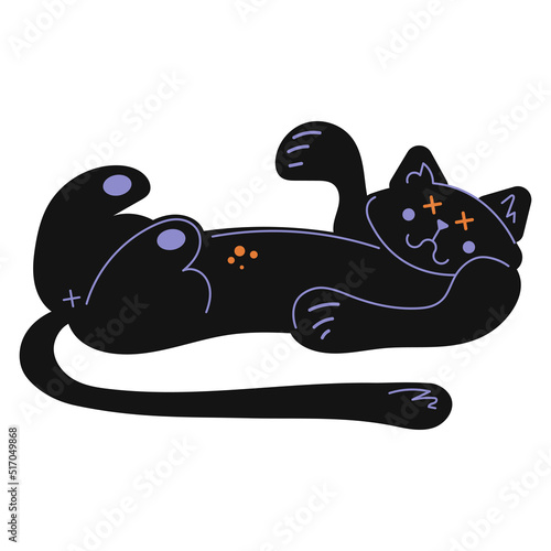 Halloween cat. A cute character of a black cat lies with its belly up and pretends that it has nothing to do with it. Great for stickers, t-shirt prints, decorative embellishments.