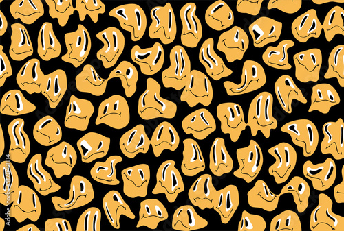 Trippy psychedelic seamless pattern with yellow distorted melting faces. Trendy vector background in retro groovy hippie style. 