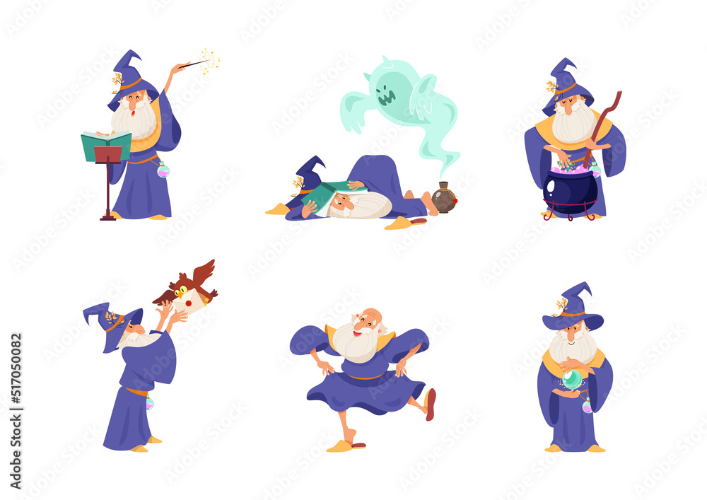 Set of funny wizards. Cartoon illustrations of an elderly bearded sorcerer isolated on a white background. Vector 10 EPS.
