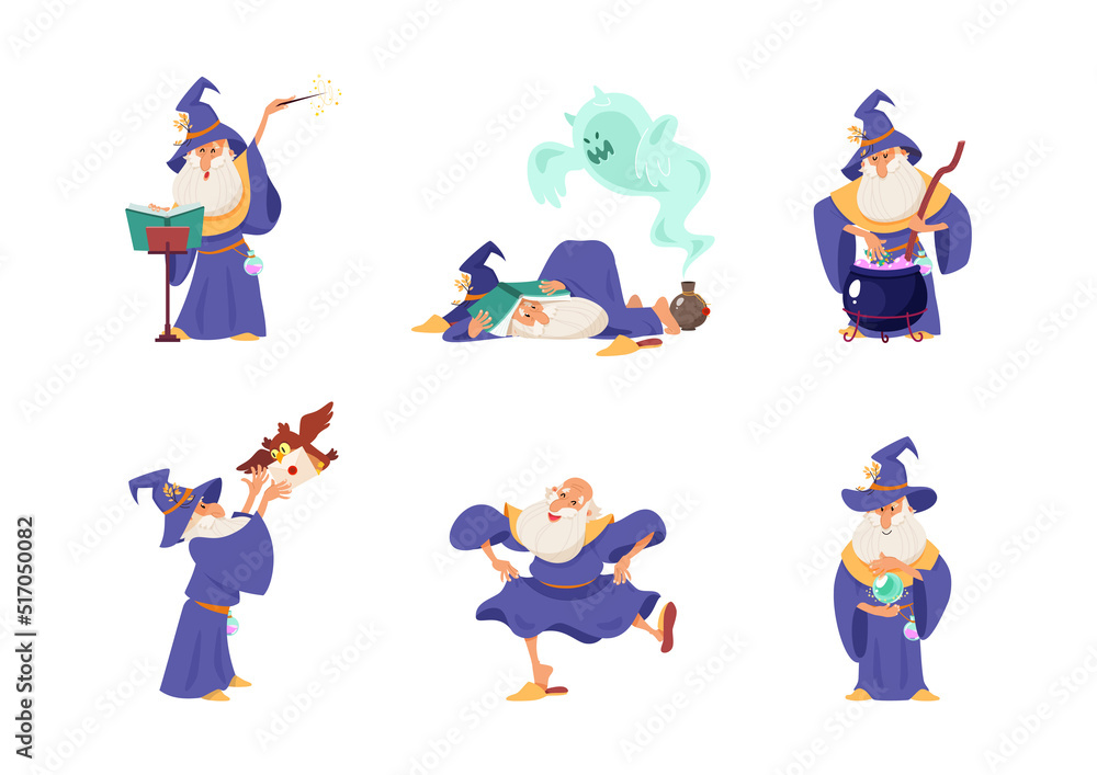 Set of funny wizards. Cartoon illustrations of an elderly bearded sorcerer isolated on a white background. Vector 10 EPS. Set of funny wizards. Cartoon illustrations of an elderly bearded sorcerer isolated on a white background. Vector 10 EPS.