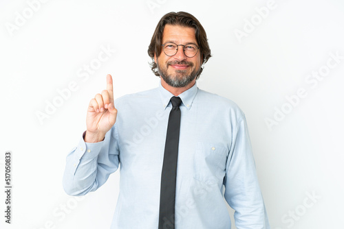 Senior dutch business man isolated on white background showing and lifting a finger in sign of the best
