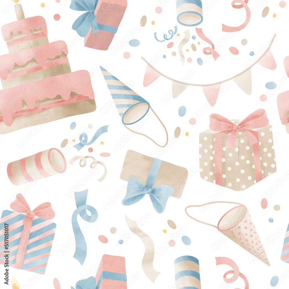 Birthday Seamless Pattern for Gift Box paper or background. Watercolor backdrop for Party with presents, hats, confetti and garlands. Drawing in pastel colors