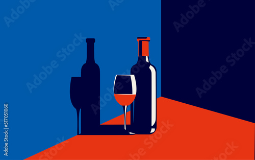 Vector illustration of a bottle of wine and a glass with red wine next to it in trendy colors in a minimal style.