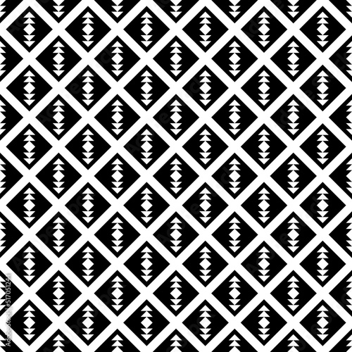 Repeated white figures and diagonal lines on black background. Ethnic wallpaper. Seamless surface pattern design with arrows ornament. Rhombuses and triangles motif. Digital paper for textile print.