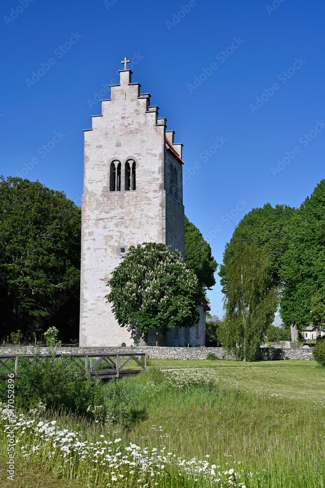 Old gothic church. Cold stone contrasts with juicy green nature and a blue sky.