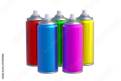 Group of cans of spray paint isolated on white background. 3d render