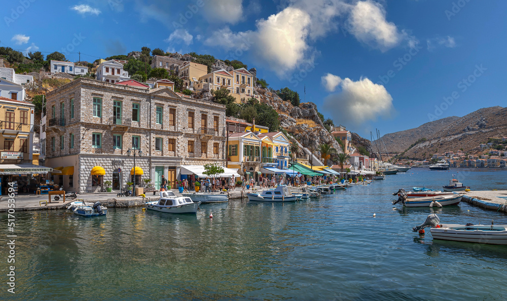 Symi harbour, Greece, with colorful neoclassical mansions