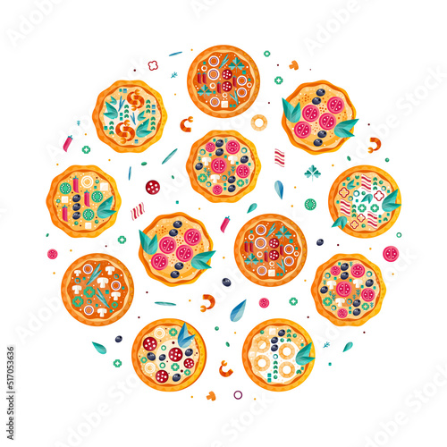 Pizza Creative Design with Baked Round Dough Round Vector Composition