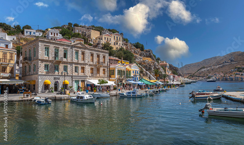Symi harbour, Greece, with colorful neoclassical mansions