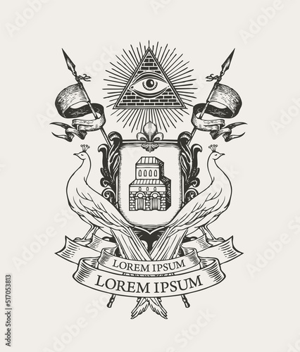 Black and white Coat of arms with peacocks, all-seeing eye, flags, and knightly shield with an old castle. Vector hand-drawn heraldry, emblem, sign, symbol in vintage