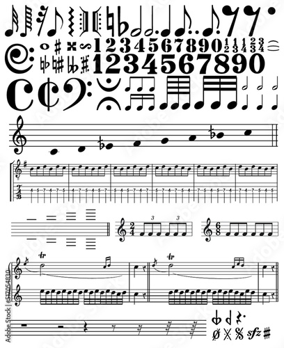 Music Notes, Tablatures, Sheets and Time and Tone Signs / AI Illustrator