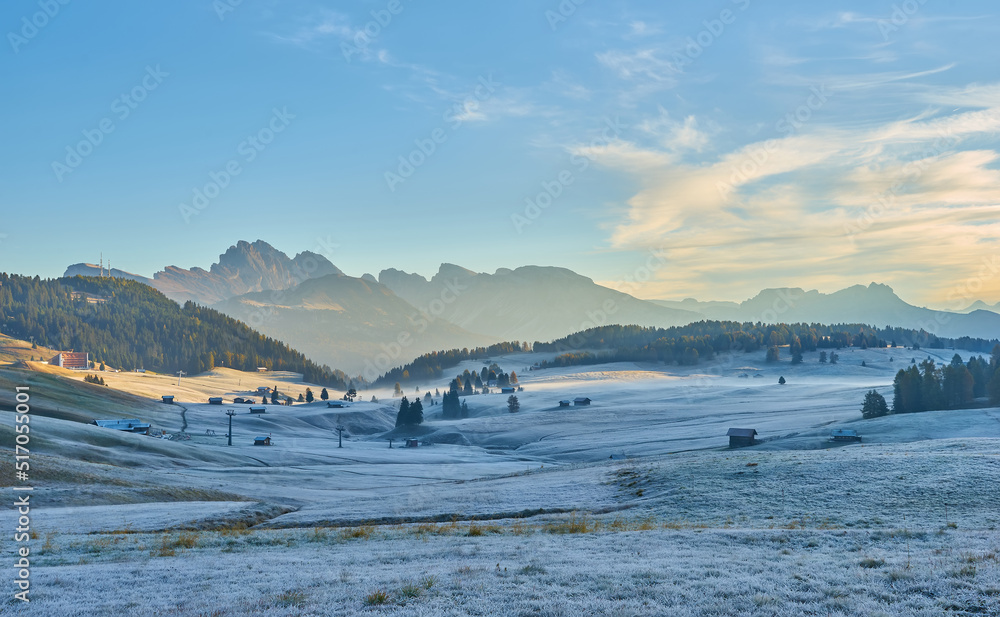Beautiful morning light over the Langkofel mountain peaks, Alpe di Siusi, Italy