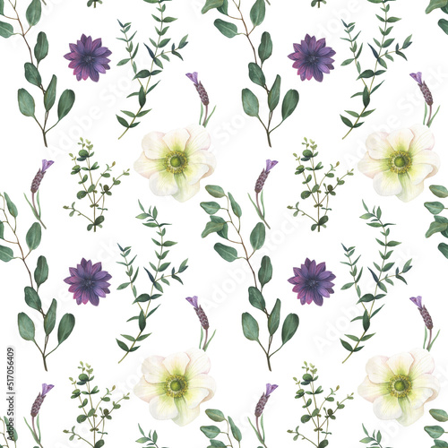 Seamless pattern of floral elements hand-drawn in watercolor. © Ekaterina