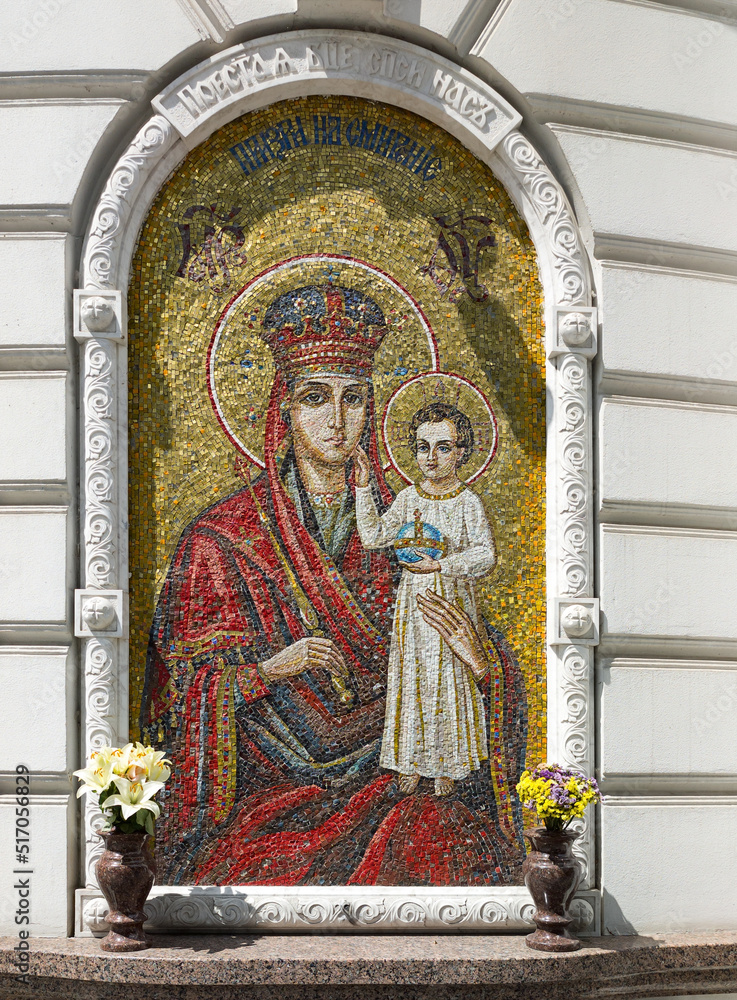 Madonna with child mosaic icon on Vvedensky Monastery facade in Kyiv Ukraine. 