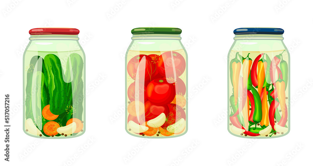 Set canned vegetables in cartoon style. Vector illustration of jar-wrapped tomatoes, cucumbers, chili with garlic and carrots on white background. Set canned vegetables in cartoon style. Vector illustration of jar-wrapped tomatoes, cucumbers, chili with garlic and carrots on white background.