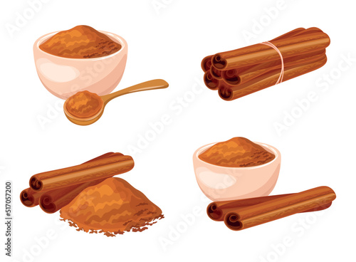 Set of fresh cinnamon in cartoon style. Vector illustration of cinnamon stick, powdered in bowl and plate on white background.