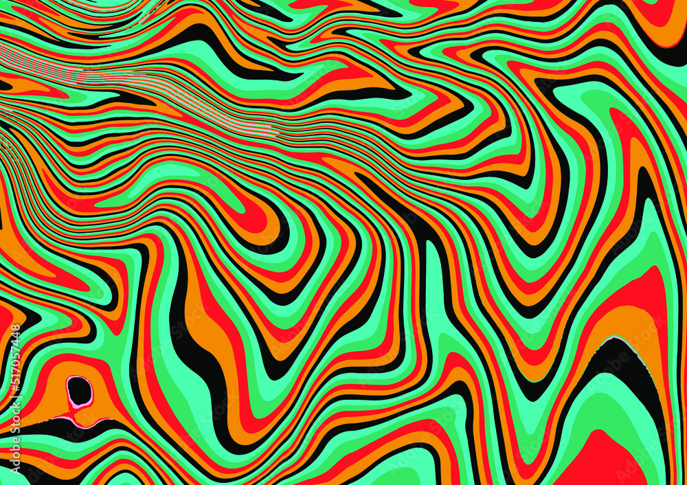 The 1970s-style wavy retro background in a psychedelic bright acidic colors.