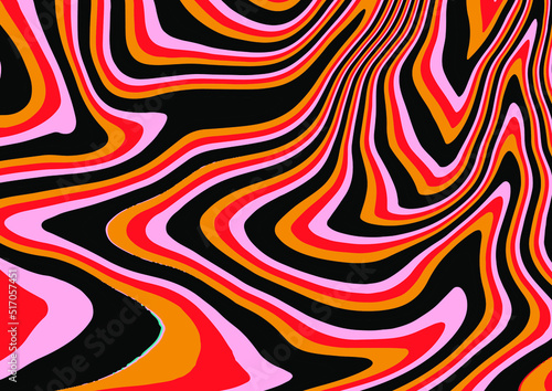 The 1970s-style wavy retro background in a psychedelic bright acidic colors.