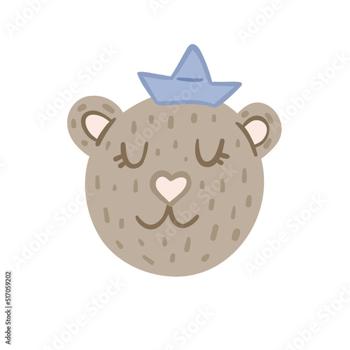 Cute vector bear in a hat. Clipart for nursery decor, print for clothes, sticker. Cartoon animal illustration isolated on a white background.