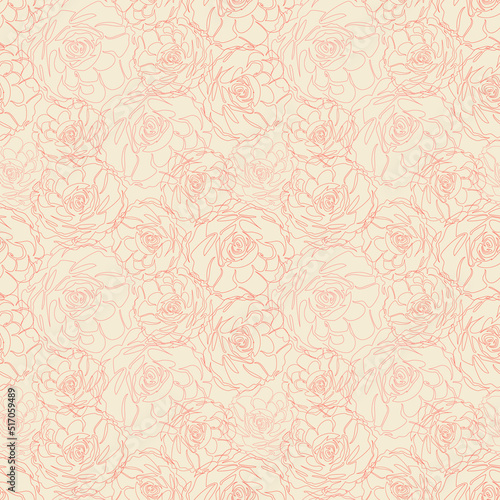 Pastel vintage seamless pattern with flowers. Beige endless wallpaper  background  texture  textile with floral print. Roses silhouettes in single continuous style. Hand drawn botanic ornament 