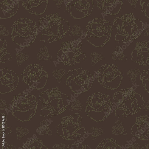 Dark brown vintage seamless pattern with rose and peony in linear style. Outline floral print that can be used as textile  fabric  wrapping paper  wallpaper. Background with hand drawn green flowers