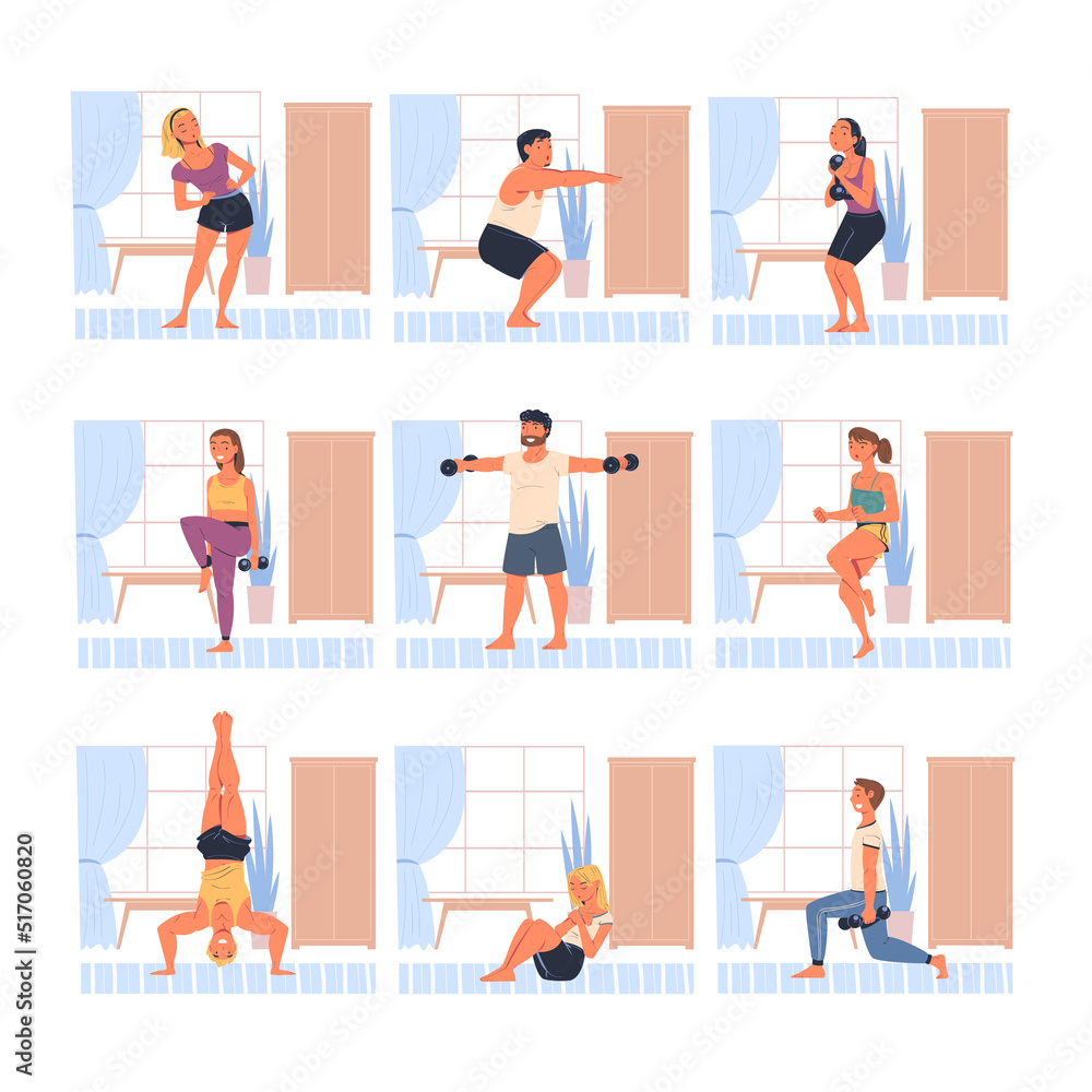 People Characters Doing Sport at Home with Dumbbells Squatting and Stretching Body Vector Illustration Set