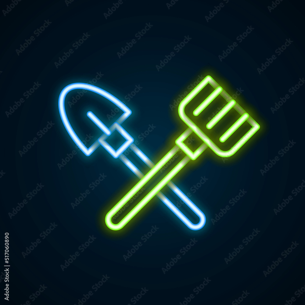 Glowing neon line Shovel and rake icon isolated on black background. Tool for horticulture, agriculture, gardening, farming. Ground cultivator. Colorful outline concept. Vector Glowing neon line Shovel and rake icon isolated on black background. Tool for horticulture, agriculture, gardening, farming. Ground cultivator. Colorful outline concept. Vector