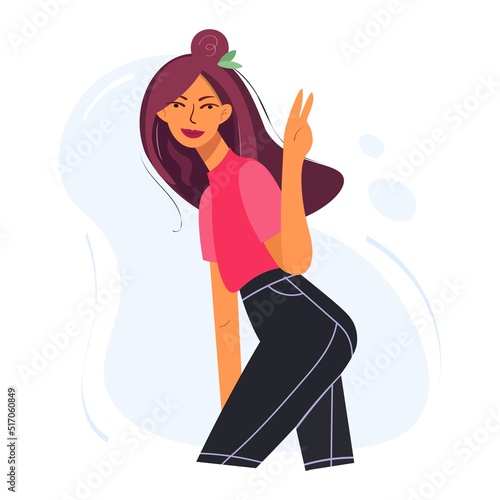 Cartoon character of a girl smiling and making a welcome gesture. Confident female character showing a cool gesture. Positive emotions and good mood. Vector isolated, flat style. Positive mood concept