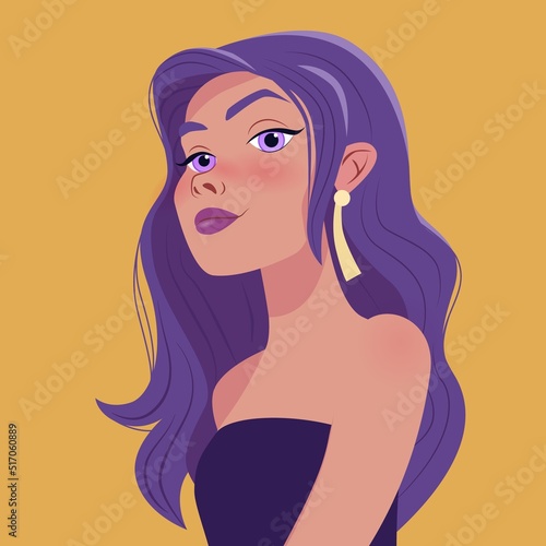 cartoon style portrait of a Beautiful girl with long violet hair, Attractive woman with modest expression, Vector illustration of female model, Fashion and beauty.