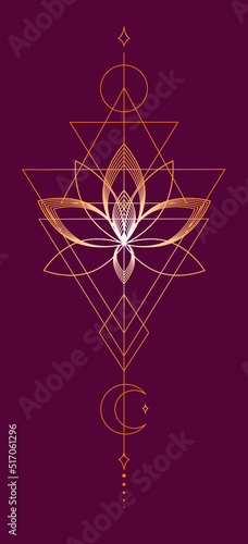 Abstract golden lotus flower with geometry on a burgundy background. Fashionable pattern for covers, logos, invitations. Vector illustration.