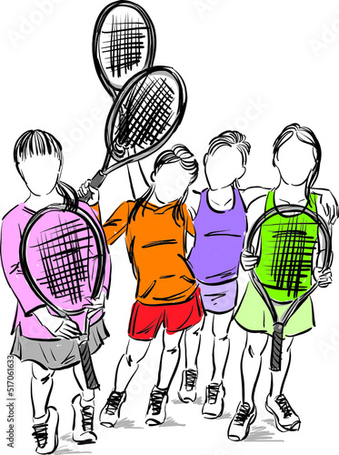 children learning playing tennis girls with rackets together vector illustration