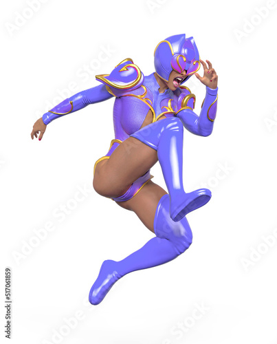 superheroine is jumping in action on white background