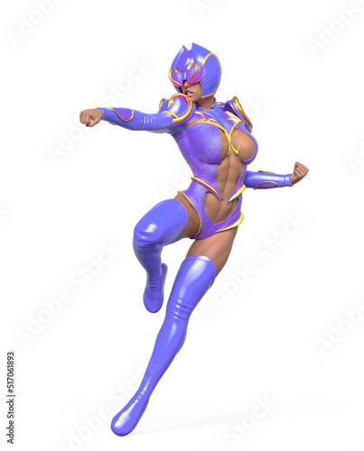 superheroine is ready to fight in comic pose on white background