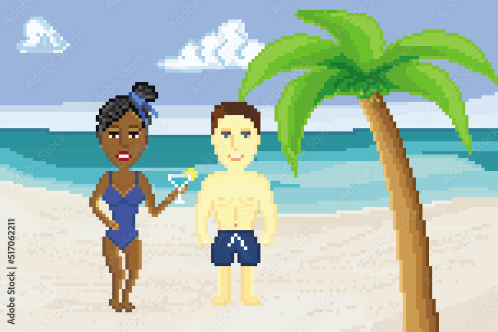 A man in blue shorts with dark-skinned woman in blue swimsuit holding a cocktail, isolated on sunny beach with palm tree. Pixel art design. 8 bit logo for game. Character vector illustration. eps 10