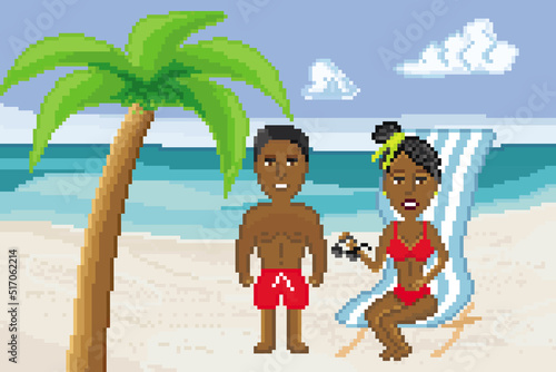 Dark skinned man in red shorts with  woman in red bikini, isolated on sunny beach with palm tree. Pixel art design. 8 bit logo for game. Character vector illustration. eps 10
