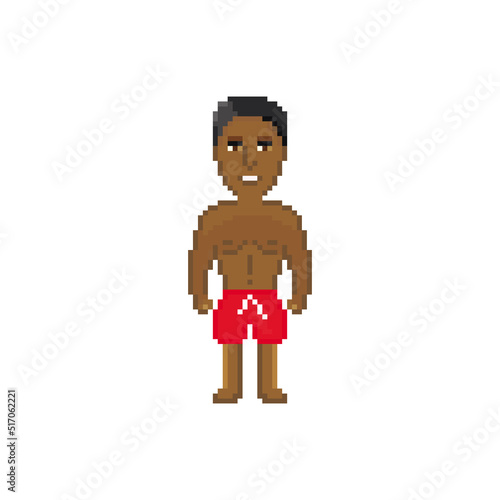 Dark-skinned man in red shorts, isolated on white background. Pixel art design. 8 bit logo for game. Character vector illustration. eps 10